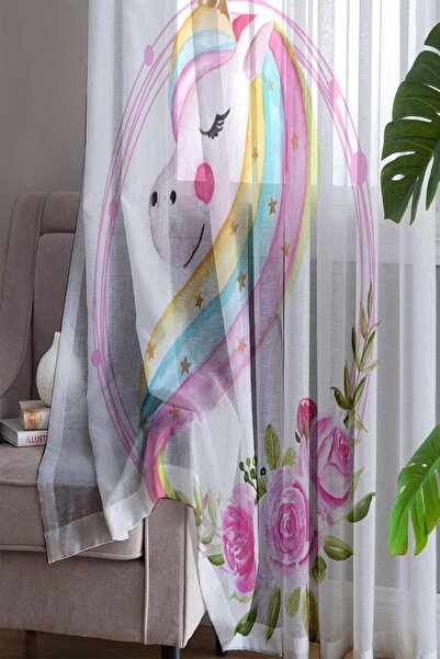 Else Dekor Unicorn Patterned Decorative Baby Room - Single Wing Tulle Curtain