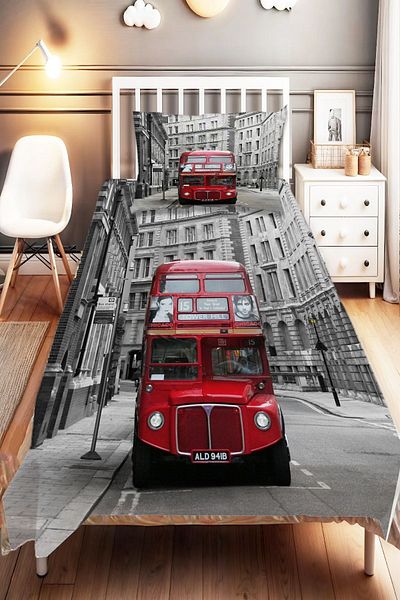 Else Dekor Red Bus Pattern - Digital Printed Single Children's Bed Set