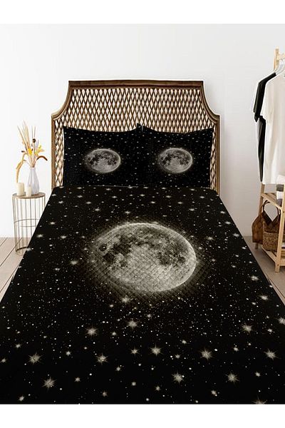 Else Dekor Cuvertură de pat decorativă dublă - Motiv Moon Galaxy Negru Gri, Set Pique căptușit