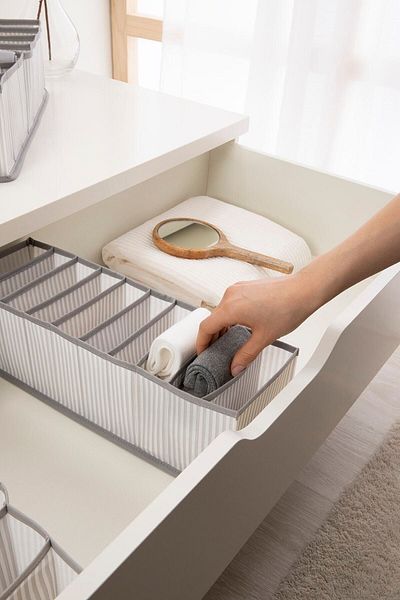 Ocean Home Textile 3 kusy 10 přihrádek Šedá pruhovaná skříňová zásuvka Harmonikový skládací organizér na prádlo