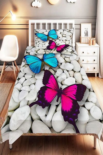 Else Dekor Pink Blue Butterfly Patterned Single Children's Bedspread and Pillowcase