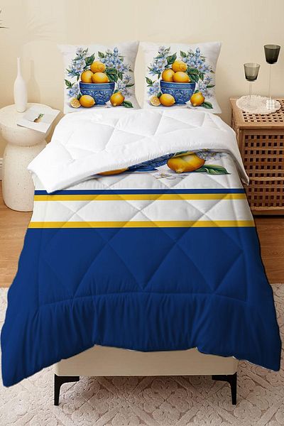 Else Dekor Vintage Lemon Patterned Double Person Microfiber Quilted Sleeping Set - With Quilt and Pillowcase