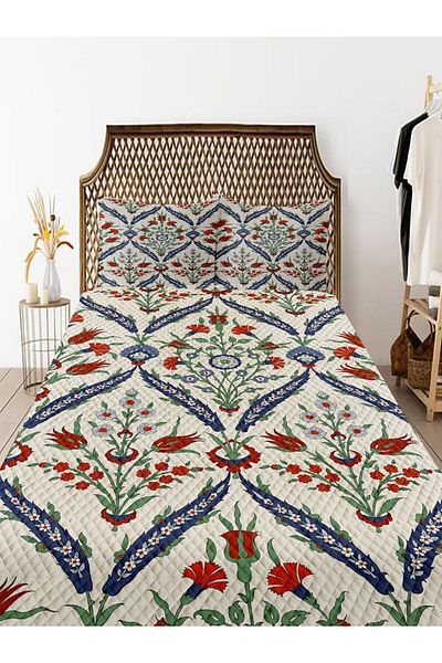 Else Dekor Model de lalele din faianță otomană - Set de pat decorativ imprimat piqué, dublu