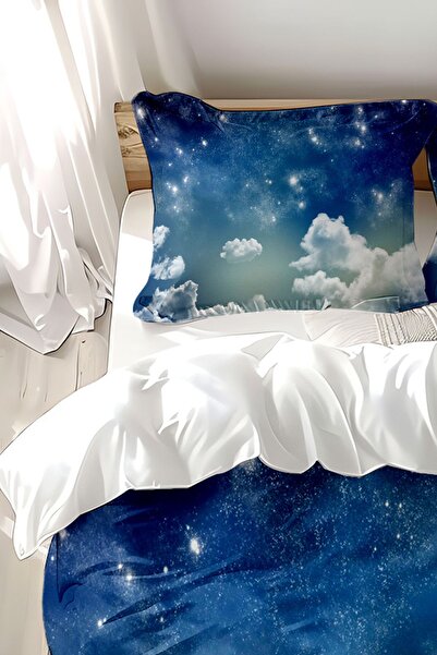 Else Dekor Комплект двоен плик за завивка от памучен сатен в бяло и синьо с щампа на облаци