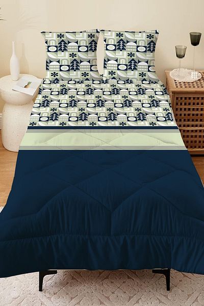 Else Dekor Green Navy Blue Double Person Microfiber Quilted - Wooden Patterned Quilt Pillow Sleeping Set