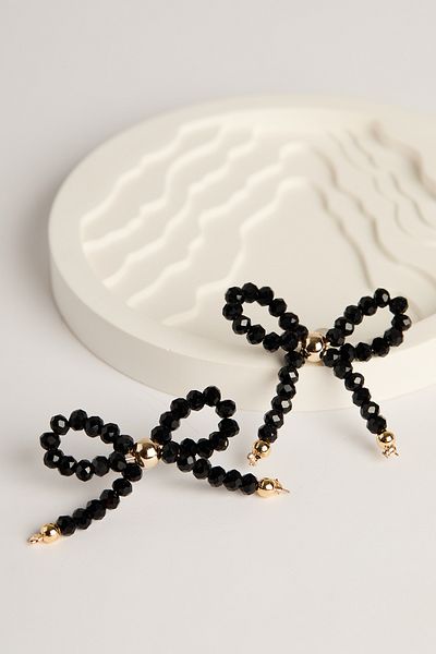 Elika Silver BlacK Jewelled Bow Model Earrings