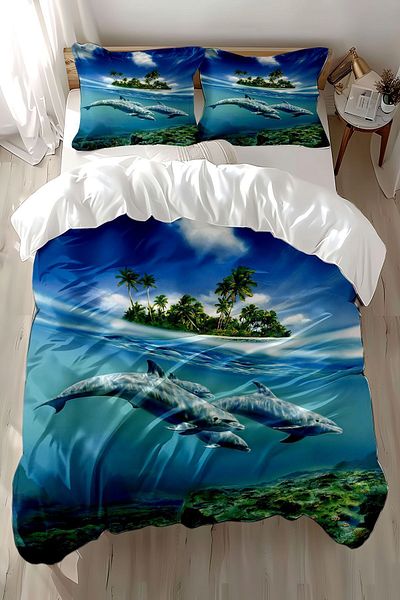 Else Dekor Set cuvertură dublă din satin de bumbac cu delfini albaștri imprimați cu model de mare