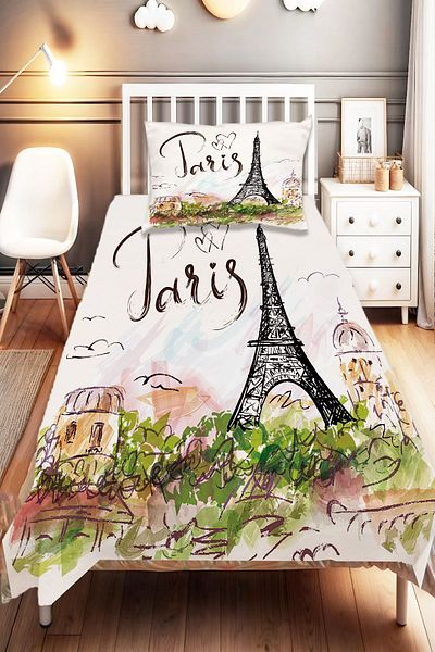 Else Dekor Paris Eiffel Tower Patterned - Digital Printed Single Child Bedspread and Pillowcase