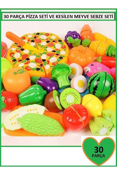 OYUNCAKSAHİLİ Tepsili Pizza Kesilen Meyve Sebze Dondurma Bisküvi Pasta Kesme Tahtası 30pcs Evcilik Oyuncak