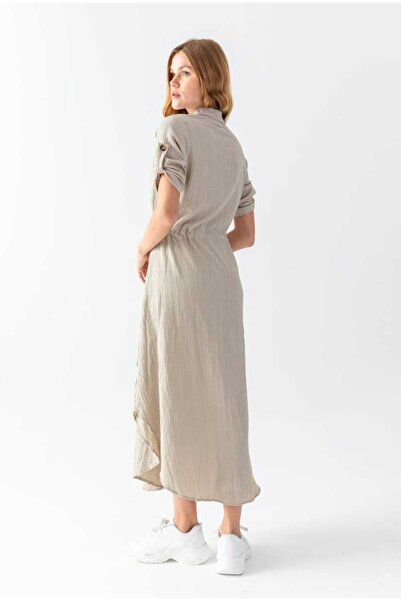 OlaLady Women's Double Pocket Gathered Waist Buttoned Front Mayan Linen Shirt Dress