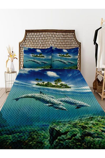 Else Dekor Sea Pattern Printed Blue Dolphins Double Pillowed Pique Set