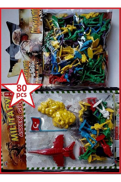 OYUNCAKSAHİLİ Soldier Strategy Game Sets 80 Pieces Toy Two Pack Commando F16 Airplane Flag Rock And Soldiers