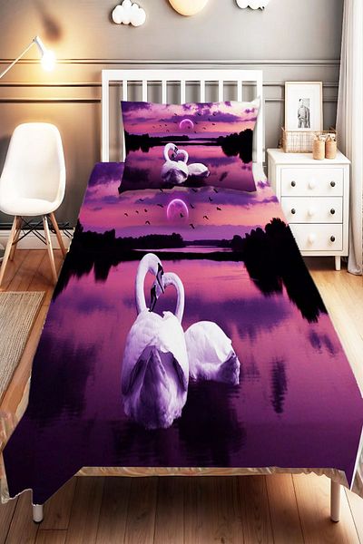 Else Dekor Purple and White Swans Patterned - Digital Printed Single Children's Bedspread and Pillowcase