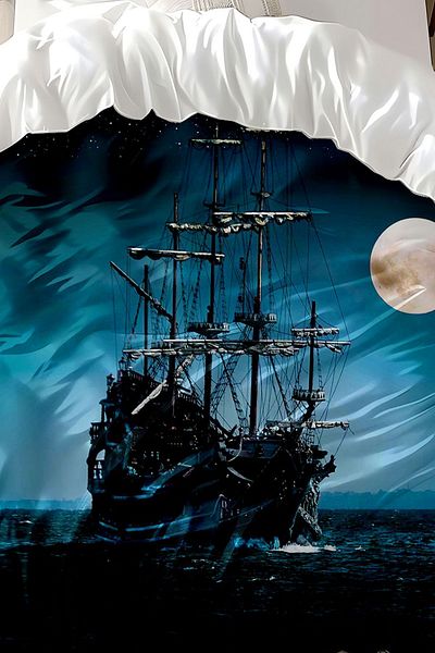 Else Dekor Sea Ship Pattern Printed - Set de husă de pilota dublă din satin de bumbac
