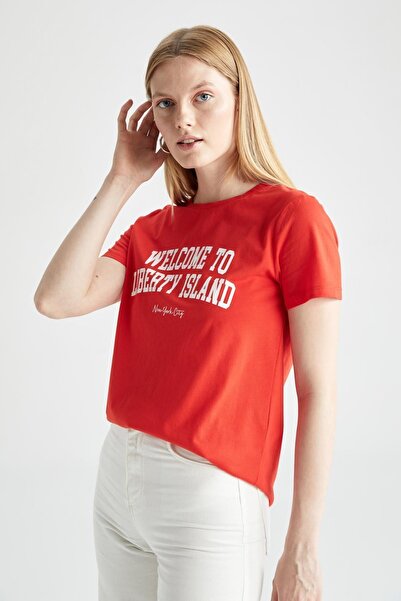 DeFacto Regular Fit Crew Neck Slogan Printed Short Sleeve 100% Cotton T-Shirt W9824az22sm