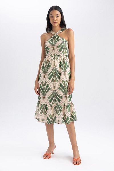 DeFacto Tropical Patterned Cross Collar Sleeveless Midi Dress - B1272ax23hs