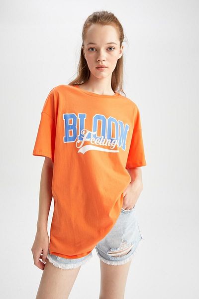 DeFacto Oversize Fit Tričko Crew Neck Slogan s krátkým rukávem 100% bavlna