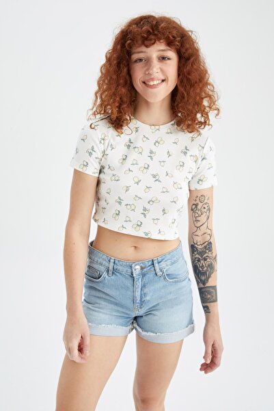 DeFacto Tričko Crew Neck Lemon Pattern Crop - krátký rukáv Y8744az22hs
