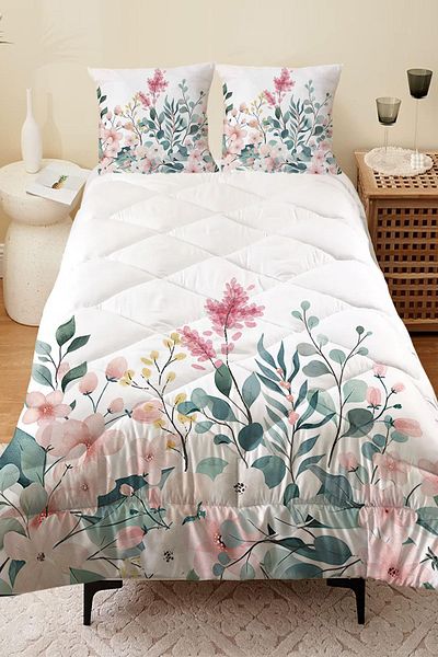 Else Dekor Double Person Microfiber Quilted - Colorful Flower Pattern Sleeping Set