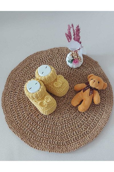 BEGİN Lemon Yellow Newborn Gift Hand Knitted and Slippers Booties for 0-6 Months Baby - Birth Moment with Bow Detail