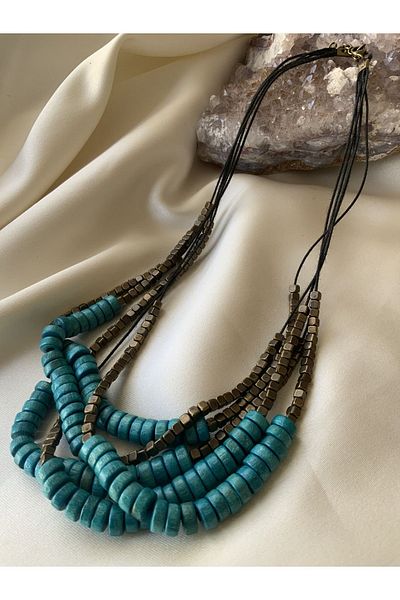 azra takı tasarım Handmade wood women's blue short necklace