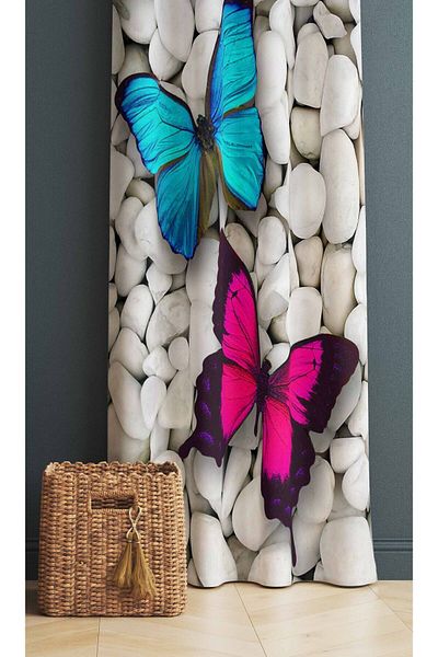 3D ELSE HALI Pink Blue Butterfly Patterned Digital Printed Bedroom Living Room Kitchen Background Curtain