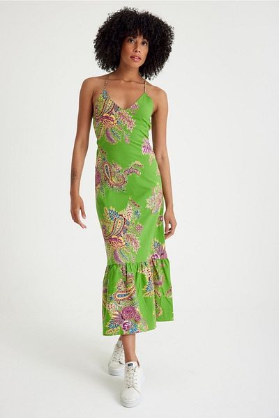Kutaf Grünes Vintage-Strandkleid mit Blumenmuster für Damen