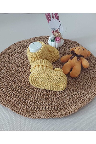 BEGİN Lemon Yellow Newborn Gift Hand Knitted and Slippers Booties for 0-6 Months Baby - Birth Moment with Bow Detail