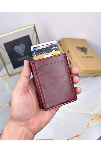 Fil Deri Genuine Leather Automatic Card Holder Wallet with Mechanism