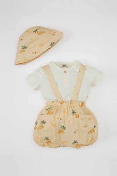 DeFacto 3-teiliges Musselin-Set mit Palmenmuster für Babys Jungen – Tragetuch-Overall, kurzärmliges T-Shirt, Mütze D0768a524hs