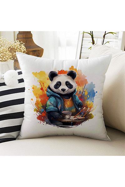 Else Halı Set de 4 huse de pernă cu modele de panda colorate, imprimate digital, cadou