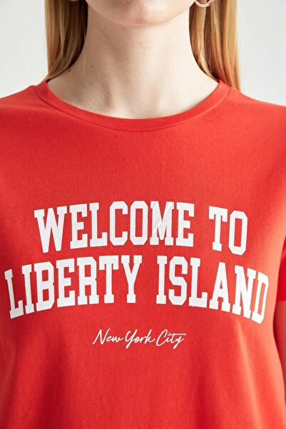 DeFacto Regular Fit Crew Neck Slogan Printed Short Sleeve 100% Cotton T-Shirt W9824az22sm