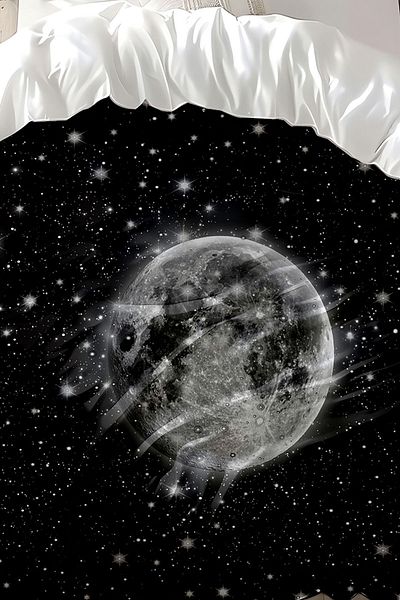 Else Dekor Set cuvertură de pilota dublă - Negru Gri Moon Galaxy Model, Bumbac Satin