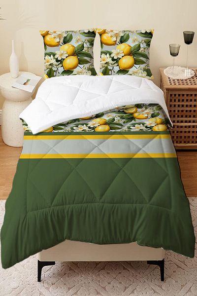 Else Dekor Green Lemon Patterned - Double Person Microfiber Quilted Sleeping Set