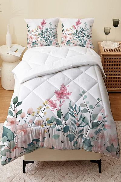 Else Dekor Double Person Microfiber Quilted - Colorful Flower Pattern Sleeping Set