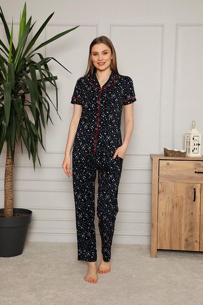 BIES Navy Blue Star Pattern - 100% Cotton Pocket Women's Pajamas Set