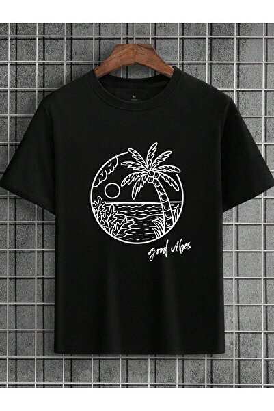 QUEENSTOWN Tricou oversize negru unisex cu imprimeu GoodVibe - Strup cu palmier la piept 00000207