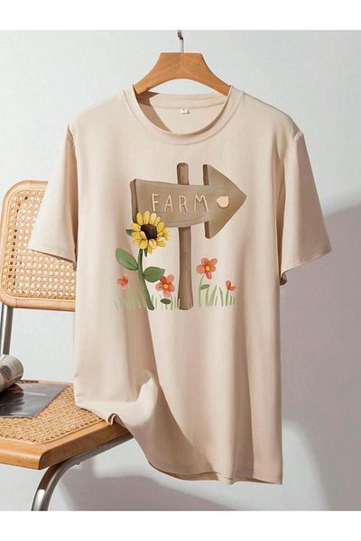 QUEENSTOWN Unisex Μπεζ ''Στήθος με στάμπα'' Crew Neck Oversize T-Shirt strup 0000000000020