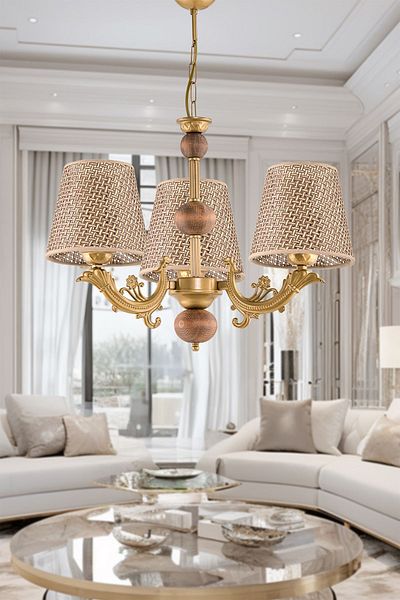 DEDE Antique Zamak Metal Chandelier - Three Arms, Brown Rattan Straw Hat