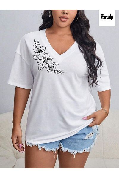 QUEENSTOWN Γυναικείο T-Shirt με λευκό φλοράλ εμπριμέ Oversize V-λαιμόκοψη - strup 00000135