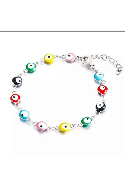 Atelier Çağla Colorful Evil Eye Beaded Steel Bracelet (silver Color)