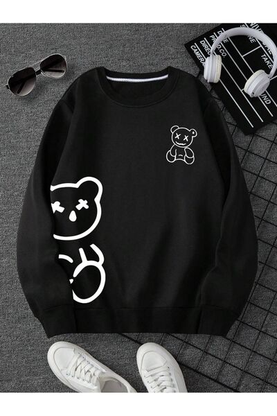 StartMore سويت شيرت كبير الحجم للجنسين مطبوع عليه دمية دب بثلاث خيوط وياقة دا...