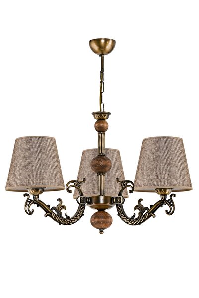 DEDE ÜÇ KOLLU AHŞAPLI ESKİTME ELBE DÖKÜM ZAMAK AVİZE KAHVE RENGİ ŞAPKALI