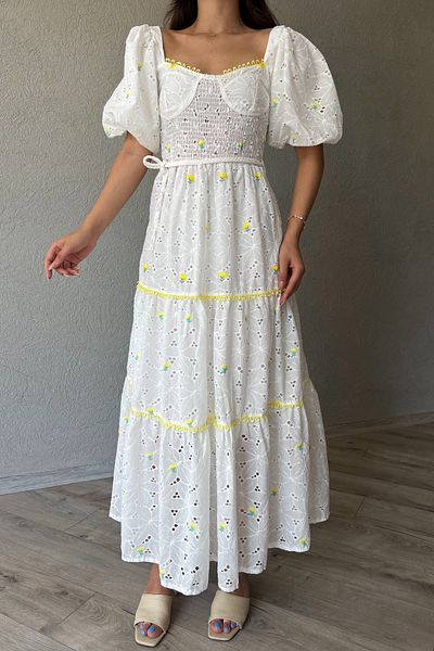 Seda Yalçın Atelier Balloon Sleeve White Yellow Floral Patterned Dress