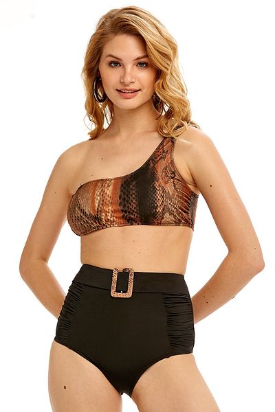 Argento Brown Crocodile Patterned Single Shoulder Bikini Set