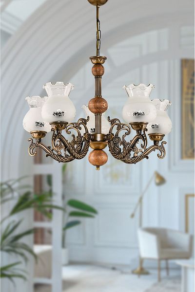 DEDE FIVE SLEEVE WOODEN WASHED ELBE ZAMAK CHANDELIER WITH MATTE WHITE GLASS