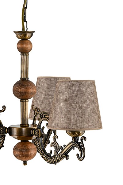 DEDE ÜÇ KOLLU AHŞAPLI ESKİTME ELBE DÖKÜM ZAMAK AVİZE KAHVE RENGİ ŞAPKALI