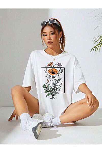 StartMore Tricou alb pentru femei, cu imprimeu floral pe piept, de bază, supr...