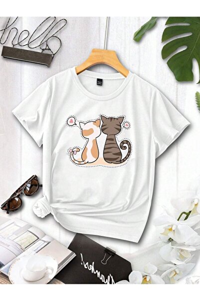 StartMore Tricou de damă oversize cu imprimeu pisică la piept