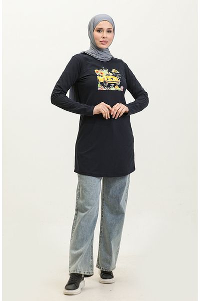 sefamerve Navy Blue Casual Printed Tunic - 1042-02